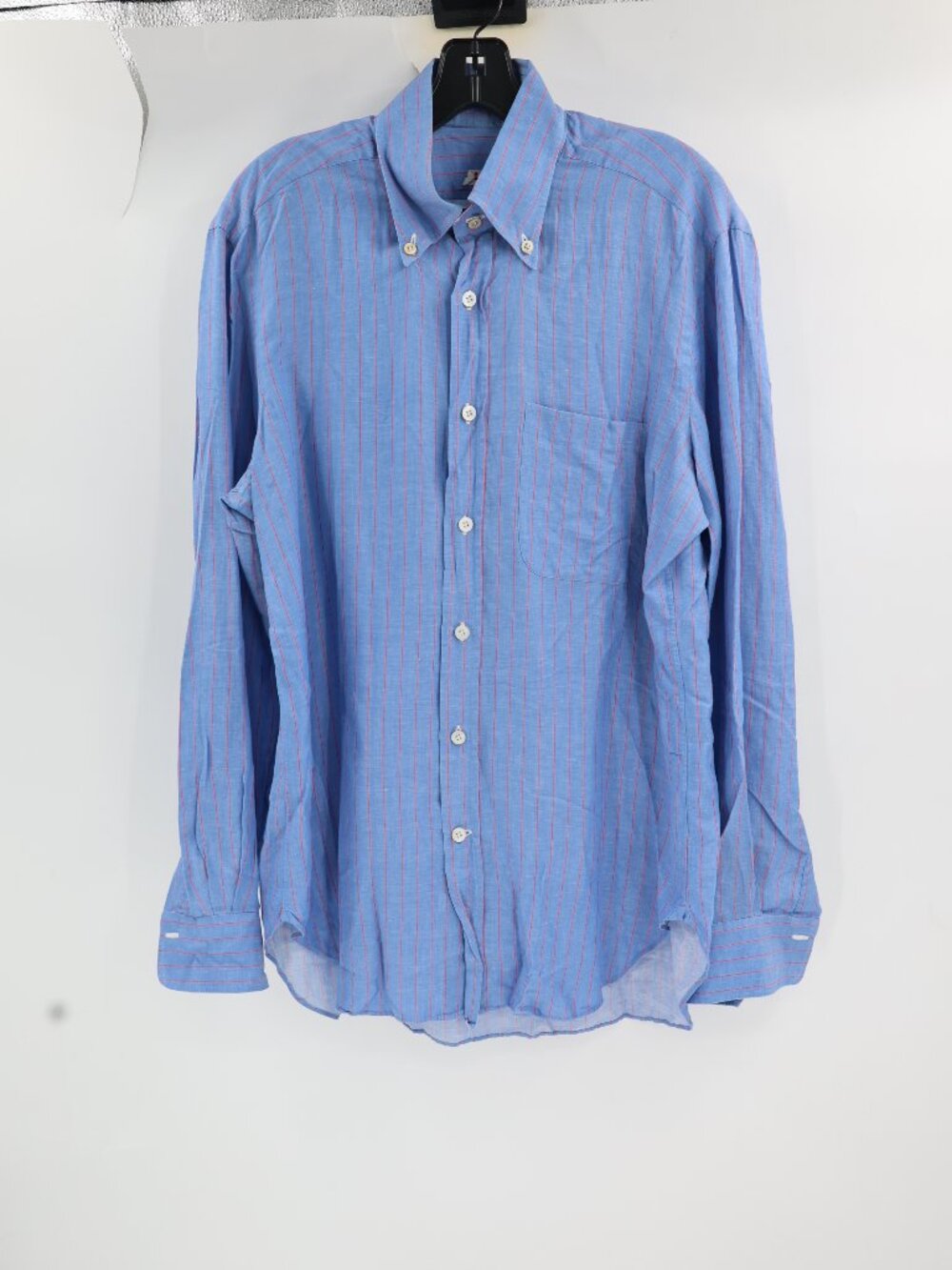 KITON Dress Shirt Mens 15.5 39 Blue Striped cotton Linen Long Sleeve button down